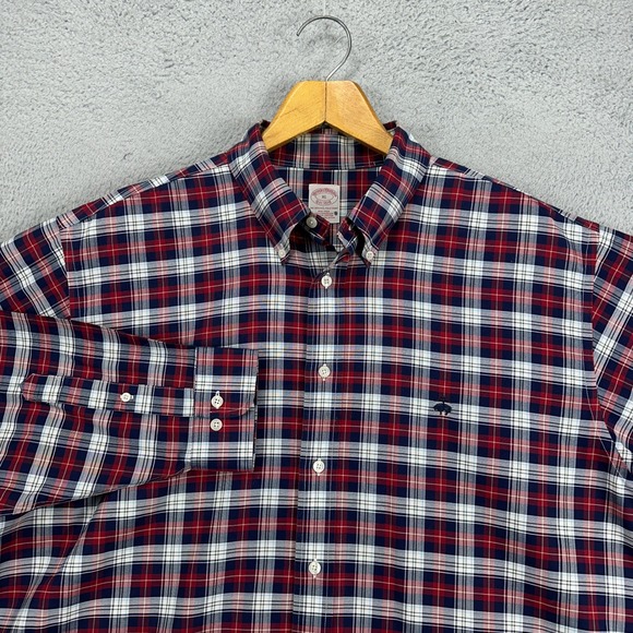 Brooks Brothers Mens Button Down Shirt XL Red Blue Plaid Long Sleeve Logo Casual